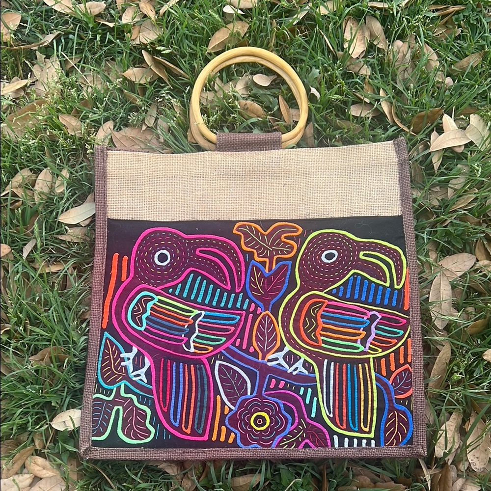 Vintage Embroidered Tote Bag with Wooden Handles
